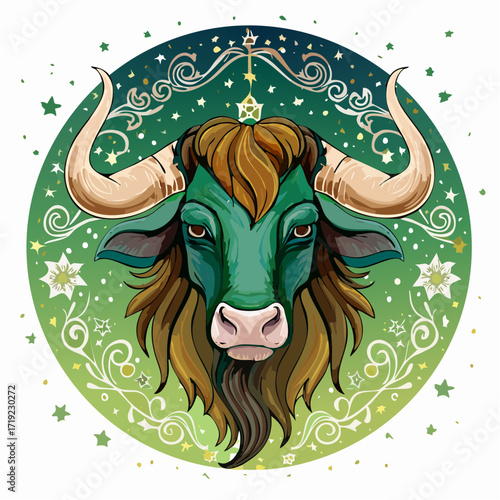 Intricate illustration of a mystical green bull's head, adorned with golden celestial stars and ornate decorative patterns, symbolizing strength and astrological power. 