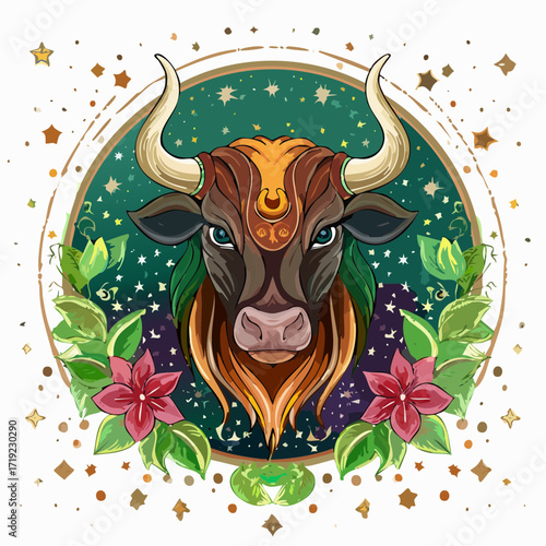 Vibrant illustration of the Taurus zodiac sign, featuring a powerful bull head with ornate horns against a celestial star background