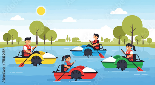People Enjoying Paddle Boating on a Lake