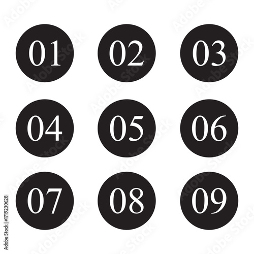 Set of 1 to 9 numbers simple design isolated. typography set of rounds 1 to 9 numbers. bullet point number icons collection. black numeral typographic line and flat icons set.