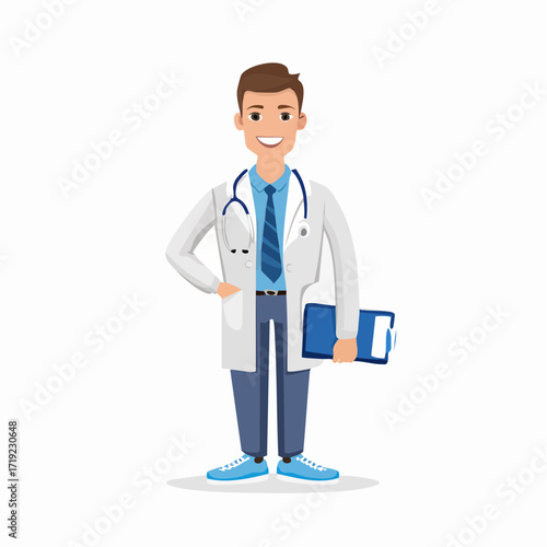 illustration of a handsome male doctor holding stethoscope and medical report. Cartoon scene of a smiling doctor in a white background