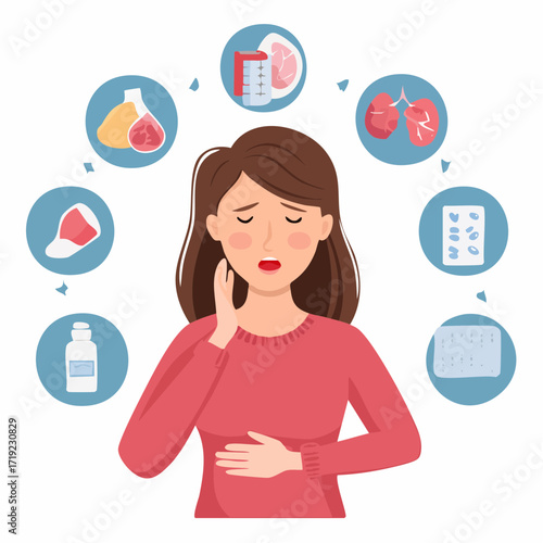 Woman with flu, cold symptoms. Headache, nausea, runny nose and sore throat, cough isolated on white background