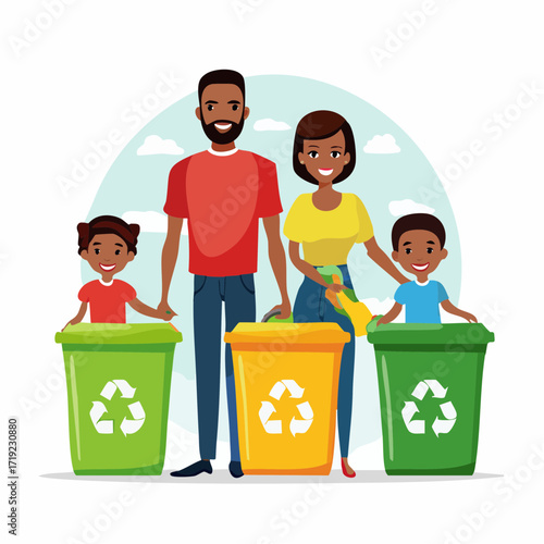 Happy diverse family teaches children environmental responsibility, actively participating in household waste recycling, promoting sustainability and an eco-friendly lifestyle