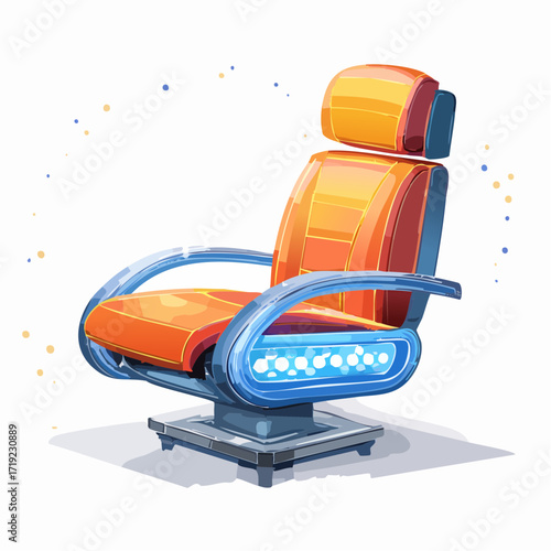 Vibrant illustration of a futuristic orange command chair with glowing blue technological panels, isolated on white