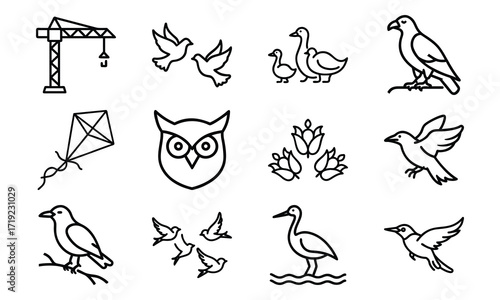 Collection of Line Art Icons – Birds, Flying Dove, Duck Family, Owl Face, Hummingbird, Parrot, Kite, Crane, and Decorative Floral Symbol Outline on White Background