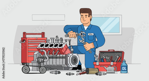 Mechanic Rebuilding an Engine in a Workshop