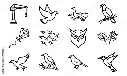 Collection of Line Art Icons – Birds, Flying Dove, Duck Family, Owl Face, Hummingbird, Parrot, Kite, Crane, and Decorative Floral Symbol Outline on White Background