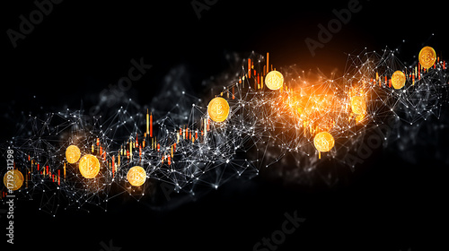 Digital network visualization with golden coins and financial charts on a dark background
