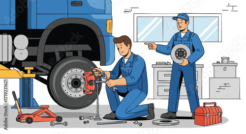 Mechanics Repairing a Truck's Brakes in a Garage