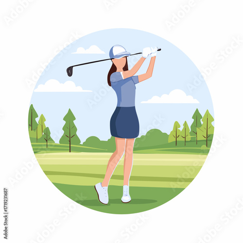 Woman golfer swinging club on a green golf course with trees and blue sky