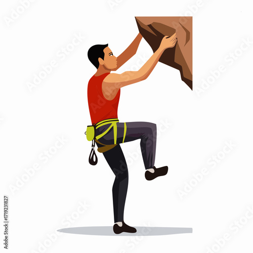 Man climbing a rock wall in a dynamic pose, showing strength and determination for adventure