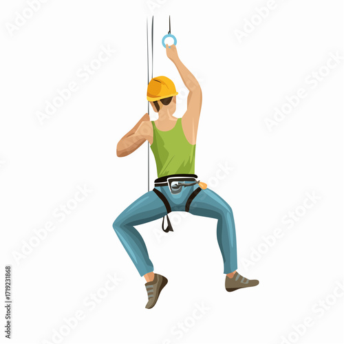 Illustration of a man rappelling down a cliff face wearing a helmet and harness