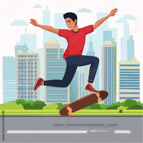Young man skillfully performing a skateboard trick in a city park with modern buildings in the background