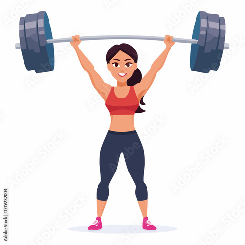 Dynamic cartoon illustration of a powerful woman weightlifter successfully performing an overhead press, embodying strength, fitness, and an active, healthy lifestyle