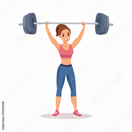 Dynamic illustration depicting a determined woman successfully performing an overhead weightlifting exercise, embodying strength, dedication, and the pursuit of a healthy, active lifestyle