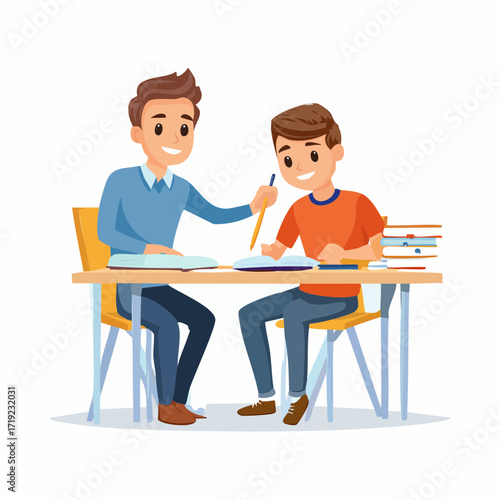 Two boys studying together at a desk, one helping the other with homework, representing education and learning