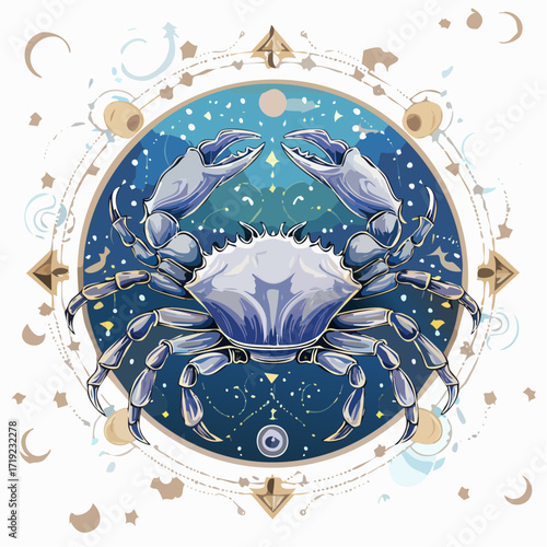 Astrological illustration of the zodiac sign Cancer, depicted as a blue crab surrounded by cosmic elements and celestial symbols