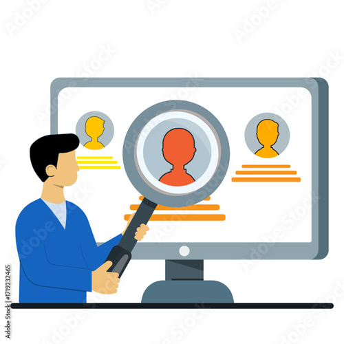 HR recruitment process with man using magnifying glass to select candidate profile on computer screen