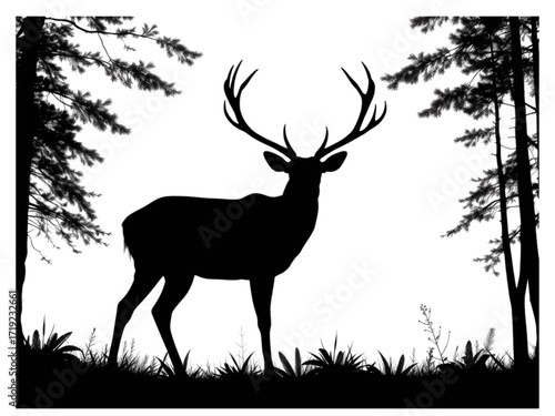 Majestic New Vector Silhouette of a Large Deer Standing Gracefully Among the Trees in a Forest, with a Transparent Background for Easy Use.