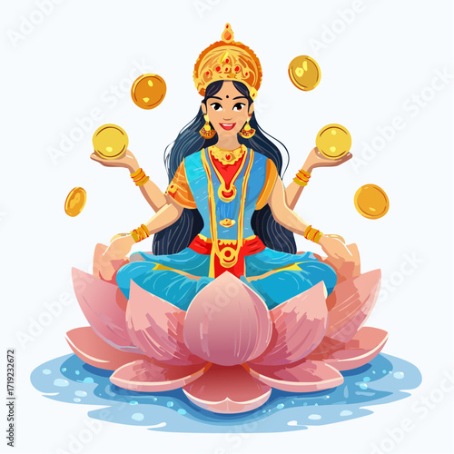 Illustration of Hindu Goddess Lakshmi Seated on a Lotus, Showering Wealth and Prosperity