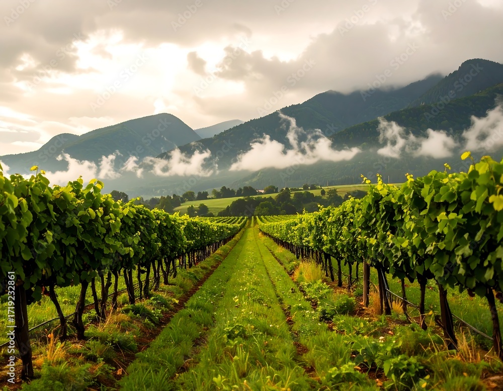 Fototapeta premium Vineyard landscape at sunrise (1)
