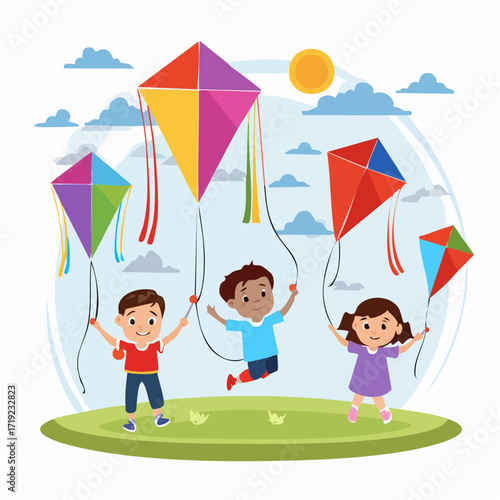 Happy diverse children enjoying a beautiful sunny day outdoors, skillfully flying vibrant colorful kites, embodying the joy and freedom of childhood playtime