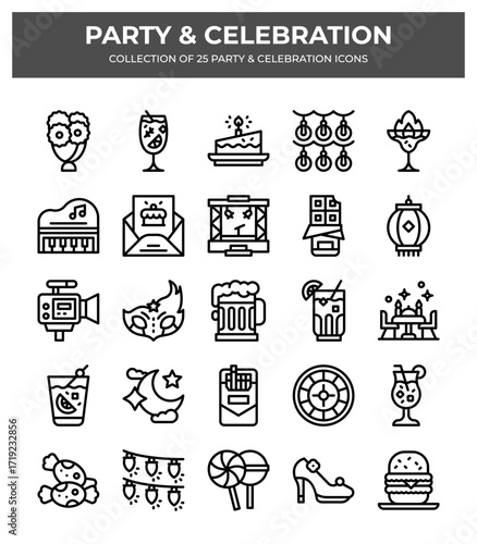Party & Celebration Icon Set. 25 Unique Line Icons for Festive Events