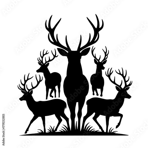 Silhouette of a majestic stag with large antlers surrounded by other deer in a forest setting isolated on transparent background