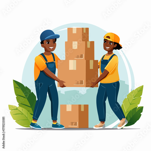 Smiling movers carrying stacked cardboard boxes, promoting moving services and relocation