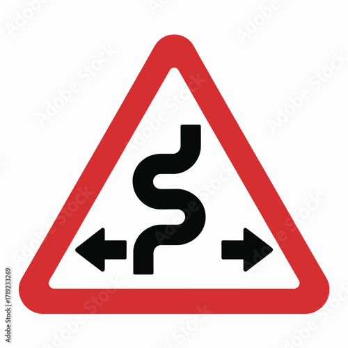 Scalable vector illustration of a triangular warning sign indicating winding road ahead silhouette vector illustration white background