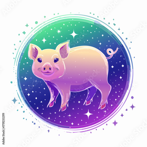 Charming cartoon pig illustration with a starry, cosmic background, whimsical and playful, perfect for children's themes and zodiac designs