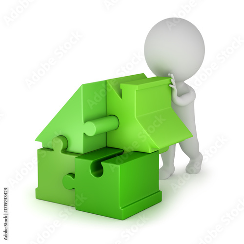 3d small people - builds a house out of puzzles