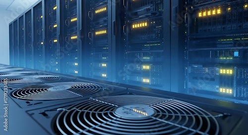 Server racks with cooling systems in a modern data center.