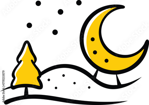 Snow-covered trees are silhouetted against a glowing yellow moon in a peaceful night setting.
