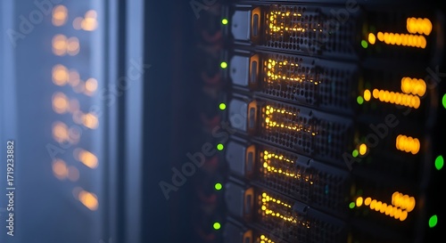 Close-up view of server racks with illuminated components.