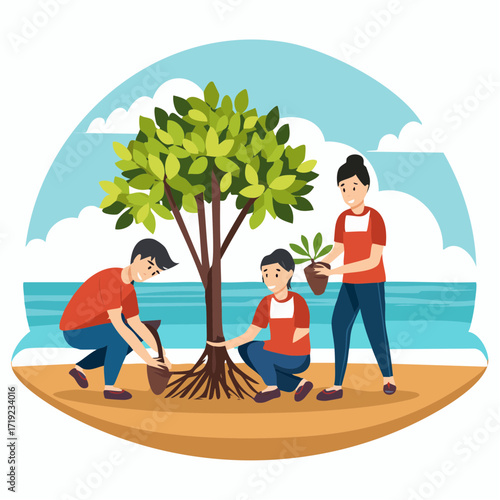 Dedicated group of volunteers actively planting trees by the serene coast, contributing to vital environmental conservation efforts and fostering a healthier, greener planet for future generations