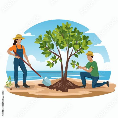 Diverse group of people planting a tree on a beach with the ocean in the background, promoting environmental conservation and teamwork