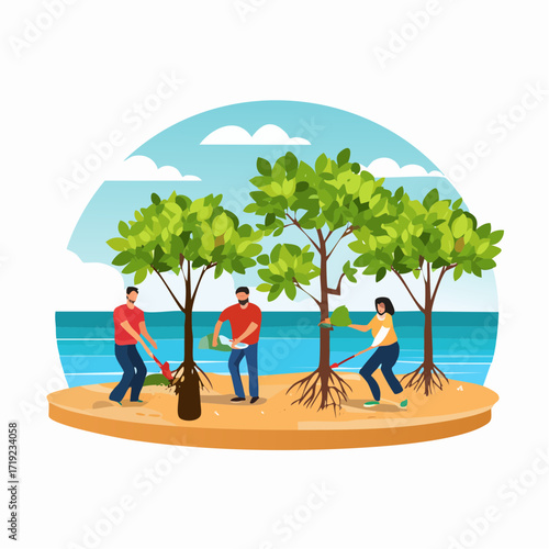 Dedicated team engaged in planting young trees on an island shore, promoting vital environmental conservation and reforestation efforts for a sustainable future and healthier planet