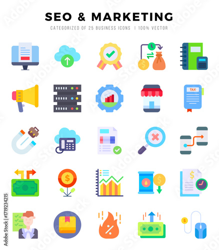 SEO & MARKETING Flat icons collection. 25 icon set in a Flat design.