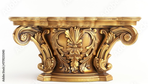 Ornate gold-toned console table or decorative piece, exhibiting intricate carvings and classical design elements