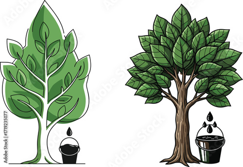 Eco-Friendly Tree and Leaf Illustration with Water Bucket Concept Symbolizing Conservation, Sustainability, and Nature Protection on White Background