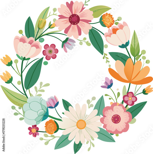 Wallpaper Mural Vector art of a floral wreath showcasing a blend of colorful blooms and foliage arranged in an elegant circular pattern. Torontodigital.ca