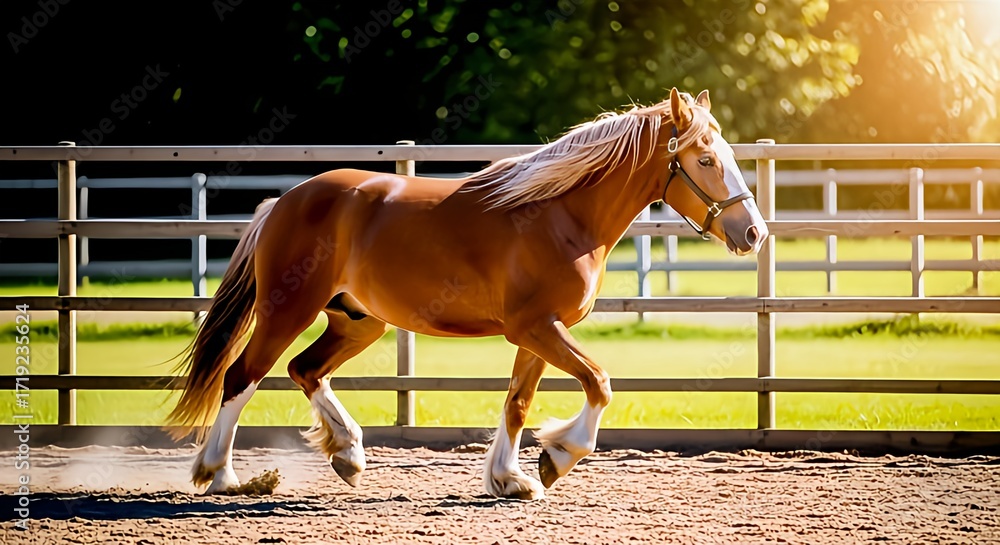 Obraz premium Beautiful horse trotting gracefully in sunlit paddock