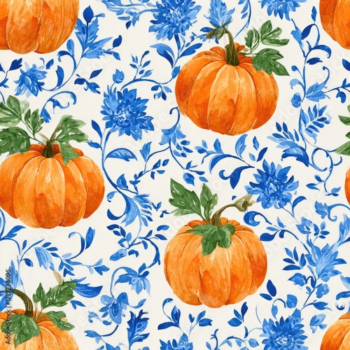 Watercolor autumnal pattern featuring pumpkins and blue floral vines on a white background.  The style is reminiscent of toile