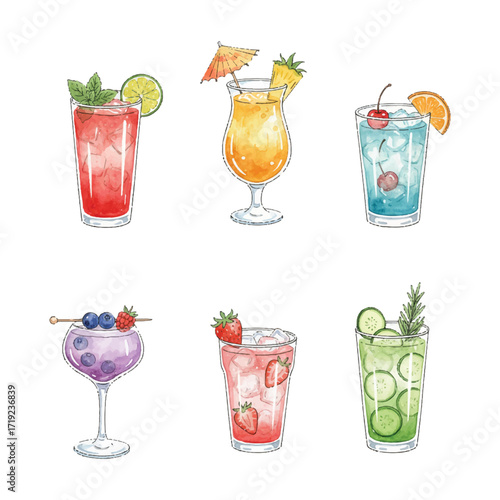 watercolor flat illustration of mocktails collections