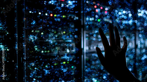 Silhouette of a hand reaching toward illuminated server racks in a data center