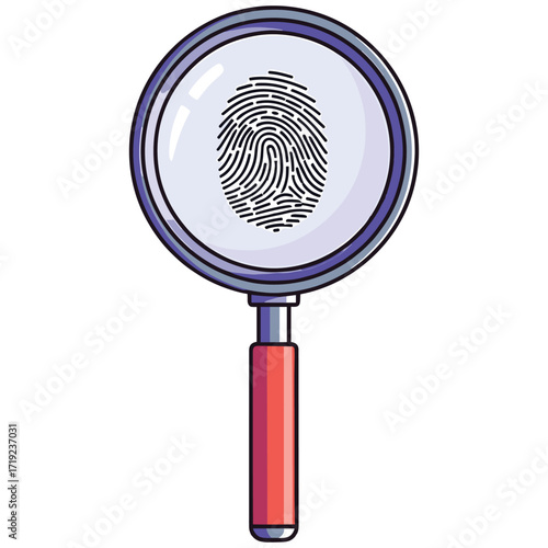 Vector Illustration of Magnifying Glass with Fingerprint in Modern Style with Blue and Red Colors for Scientific or Detective Themes