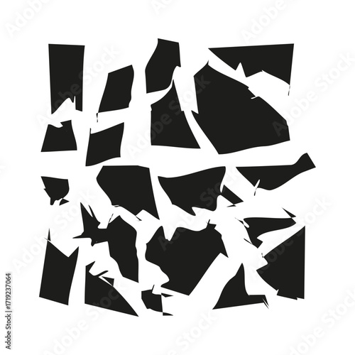 Shattered black pieces. Geometric abstract shape. Grunge glass fragments Vector. Broken texture element.