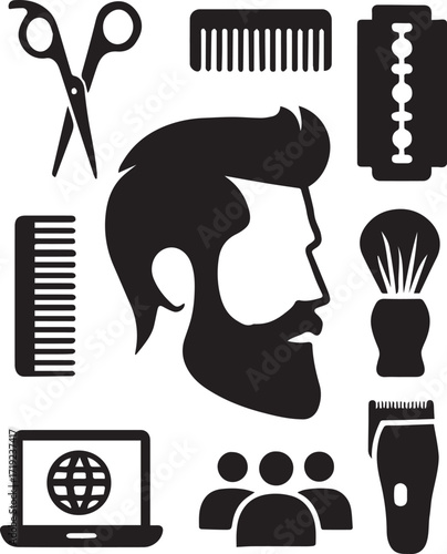 Black and White Barber Icon Collection with Styled Male Head

