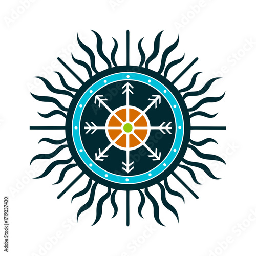 Sami Sun Drum Symbol Illustration, Isolated Sami Sun Drum semi-circle sun with radiating lines
